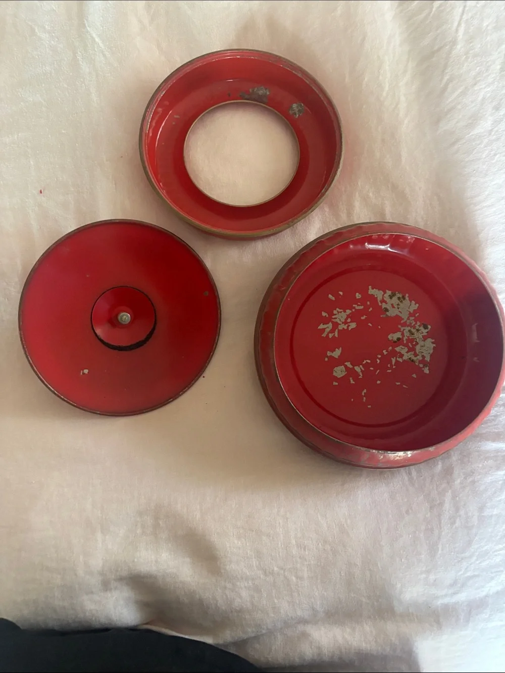 Vintage Tin red orange 1950’s 3 piece wood knob thread round metal Sewing box
